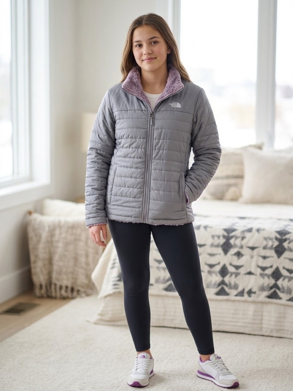 The North Face Mossbud Reversible Girl’s Gray Puffer Jacket with Lilac Sherpa